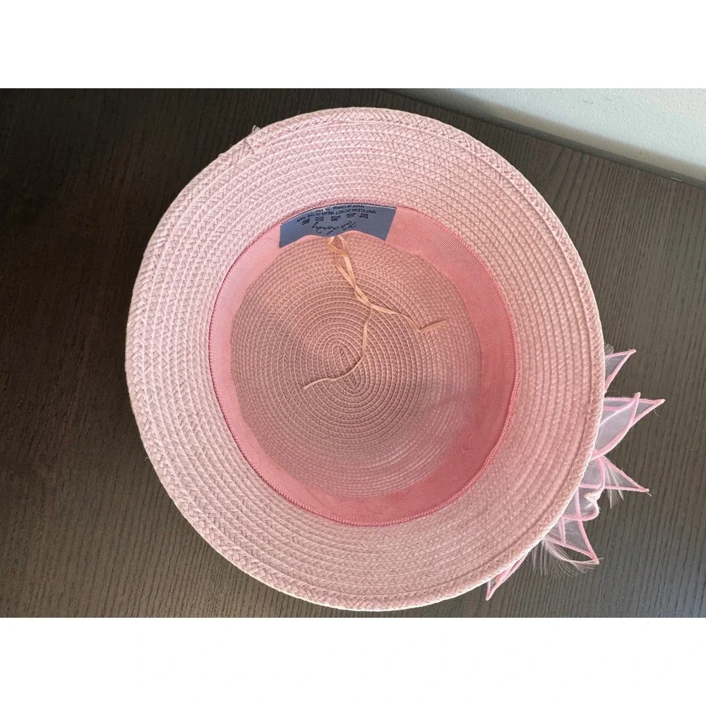 Kate Landry Pink Straw Cloche Hat Kids Girls One Size Mesh Flower Feather Accent